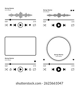 Music player interface audio control buttons, loading bar and favorite playlist options, Vector outline illustration.