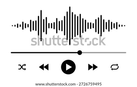 Music player interface with audio waveform isolated on white background. Multimedia template with playback control bar and buttons for digital audio application