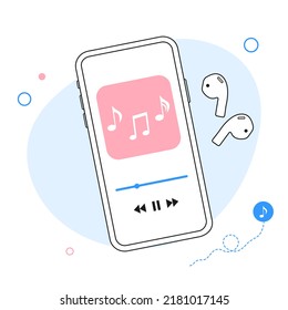 Music player interface with buttoms, loading bar, sound wave sign with headphones. Vector flat outline illustration