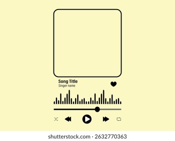 Music player interface with buttoms, loading bar, sound wave sign and frame for album photo.Perfect for app design template for romantic gift. Vector outline illustration.