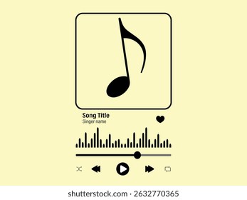 Music player interface with buttoms, loading bar, sound wave sign and frame for album photo.Perfect for app design template for romantic gift. Vector outline illustration.