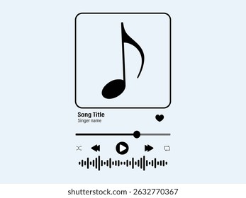 Music player interface with buttoms, loading bar, sound wave sign and frame for album photo.Perfect for app design template for romantic gift. Vector outline illustration.