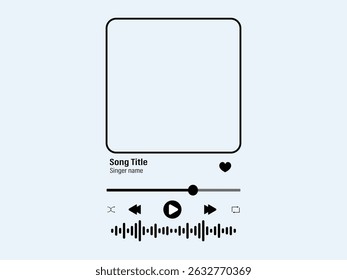 Music player interface with buttoms, loading bar, sound wave sign and frame for album photo.Perfect for app design template for romantic gift. Vector outline illustration.