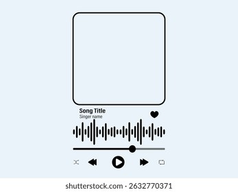 Music player interface with buttoms, loading bar, sound wave sign and frame for album photo.Perfect for app design template for romantic gift. Vector outline illustration.