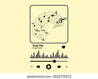 Music player interface with buttoms, loading bar, sound wave sign and frame for album photo.Perfect for app design template for romantic gift. Vector outline illustration.