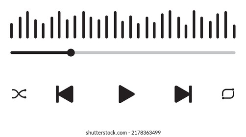 Music player interface with buttons, loading bar, Vector outline illustration.