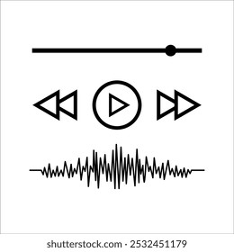Music player interface with buttons, loading bar, Vector outline illustration.