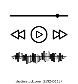 Music player interface with buttons, loading bar, Vector outline illustration.