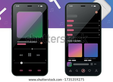 Music player interface by subscription. Profile, Album, Song, Playlist mockup. Music player UI and UX Alternative Trendy Concept Vector Mockup in Black Color Theme Isolated on White Background.