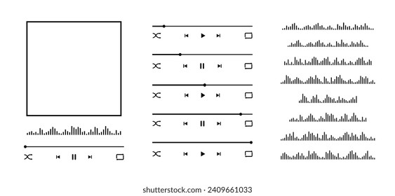 Music player interface creator with album cover frame, buttons, loading bar and sound wave. Elements for audio player app template constructor isolated on white background. Vector graphic illustration