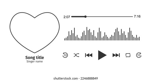 Music player interface design with heart shaped song photo frame, different buttons, loading bar with timer and equalizer. Horizontal arrangement. Vector illustration isolated on white background