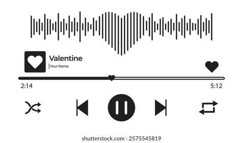 Music player interface design with heart-shaped waves, including control buttons, progress bar, and heart icon. Ideal for love themes and Valentine's Day.