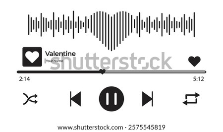 Music player interface design with heart-shaped waves, including control buttons, progress bar, and heart icon. Ideal for love themes and Valentine's Day.