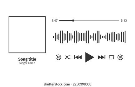 Music player interface design with song photo frame, different buttons, loading bar with timer and sound equalizer. Horizontal variation. Vector graphic illustration isolated on white background