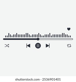 A music player interface featuring playback controls and a visual sound wave display.