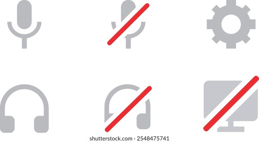 Music player interface grey icons set. Headphones, mute, sound on and off, Display, settings gear. Vector silhouettes illustrations