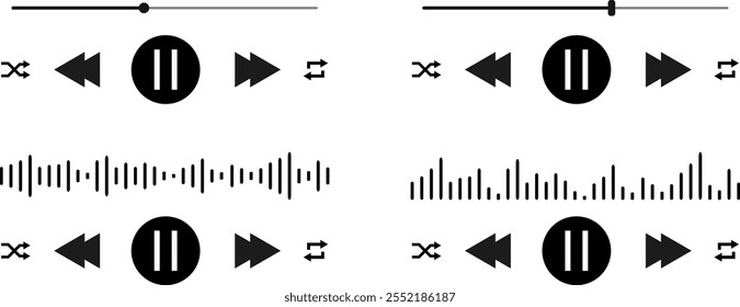  Symbolsatz für die Benutzeroberfläche des Musik-Players. Media Music Player-Schnittstelle. Multimediale Navigation und Musikanwendung. Vorlage für Media Player-Wiedergabefeldschnittstelle
