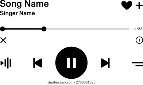 Music player interface mockup featuring playlist layout, playback controls, progress bar and streaming application navigation. Ideal for mobile music apps, audio streaming platforms, media player UI design, podcast interfaces and digital entertainment dashboards.