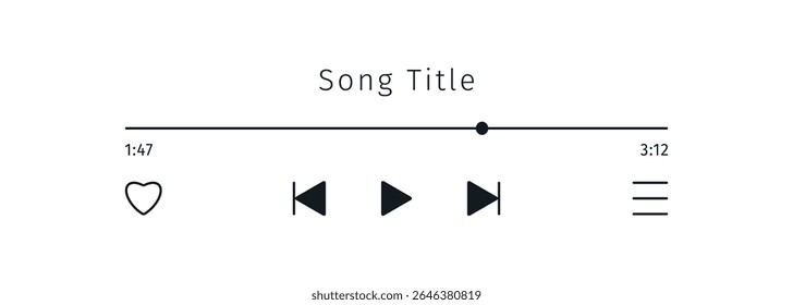 Montagem da interface do leitor de música no modo branco. Ícone da lista de reprodução com a tela do dispositivo de podcast de áudio com o título da música. Reprodução de Mídia Social