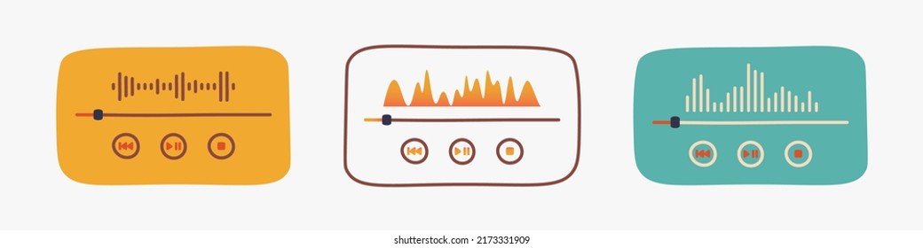 Music player interface. Scroll bar with buttons and sound wave. Set of vector illustrations. EPS 10.