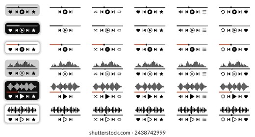 Music player interface set, music player buttons collections, modern playback of music application, mockup live stream media window - vector
