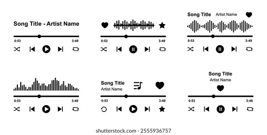 Music player interface set, music player buttons, modern playback of music application, mockup live stream media window