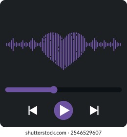 Music player interface with sound wave heart emblem. Vector illustration