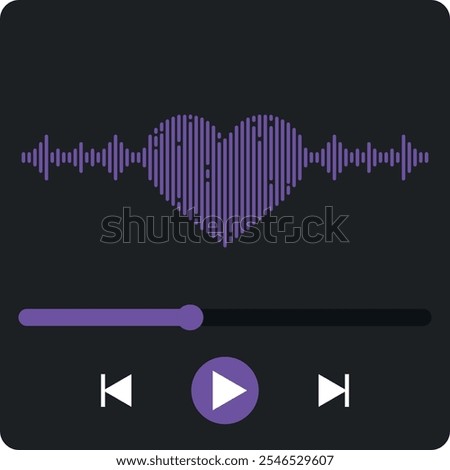 Music player interface with sound wave heart emblem. Vector illustration