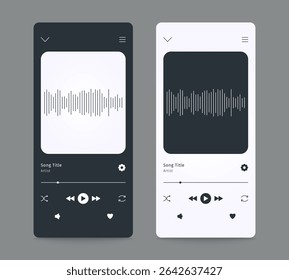 Music player interface template for mobile app in dark and light theme. Ui display with buttons for phone