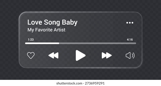 Music player with liquid glass interface on transparent bg. Audio player flat widget mockup with play button, sound and favorite icon. 3D glass music app push with progress bar and realistic shadow.