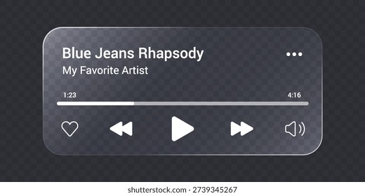 Music player with liquid glass interface on transparent bg. Audio player widget mockup with play button, sound and favorite icon. 3D glass music app push with progress bar and realistic shadow.