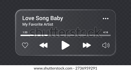 Music player with liquid glass interface on transparent bg. Audio player flat widget mockup with play button, sound and favorite icon. 3D glass music app push with progress bar and realistic shadow.