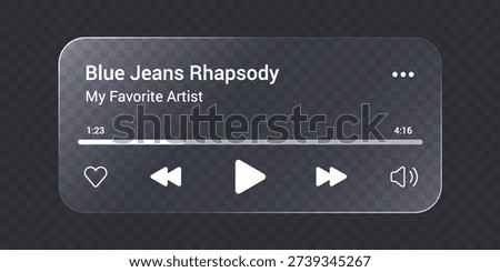 Music player with liquid glass interface on transparent bg. Audio player widget mockup with play button, sound and favorite icon. 3D glass music app push with progress bar and realistic shadow.
