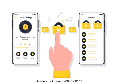 Music Player. Man listening favorite tracks.  Human hand presses play button flat style concept. Mp3 player and smartphone with open music app on screen.