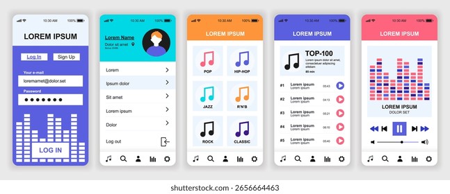 Music player mobile app interface templates set. Web design kit with phone display, rating, sound library, playlists, streaming, play audio. Pack of UI, UX, GUI screens for application. Vector design.