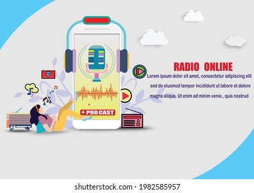 Music player and Mobile application radio online.people listening to podcast from mobile application.Music app,Podcasting. Music Player, Listening.Vector radio station and flat style concept.
