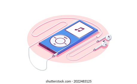 Music player mobile. Music player with headphones. Music player with headphones in isometrics. Blue music player with white headphones on white background. Dream headphones. Vector illustration EPS 10
