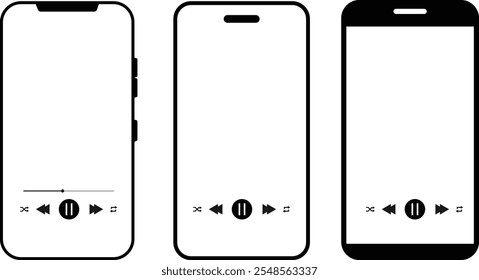 music player with mobile icon set. Mobile phone template for music cover. cellphone player. using app for music playing

