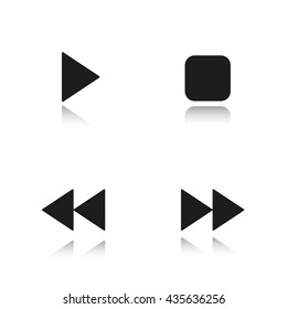 Music player navigation drop shadow black icons set. Play, stop, forward and backward buttons. Mp3 player menu. Isolated vector illustrations