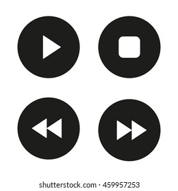 Music player navigation icons set. Play, stop, forward, backward buttons. Vector white illustrations in black circles