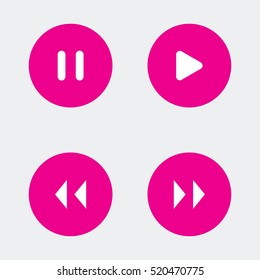 Music player navigation icons set. Play, stop, forward, backward buttons. Vector white illustrations in pink circles