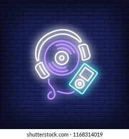 Music player neon sign. Luminous signboard with vinyl record player. Night bright advertisement. Vector illustration in neon style for party, entertainment, device