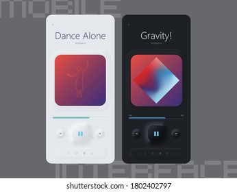 Kit de diseño neumórfico del reproductor musical con estilo neumorfista. UI de aplicación, plantillas UX. GUI para aplicación móvil. ilustraciones vectoriales para la interfaz de teléfono móvil. Profesional, alineado con píxeles, perfecto para píxeles