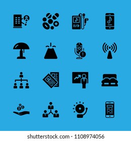 music player, non ionizing radiation, pills, double bed, smartphone, volcano, smartphone, presentation and collaboration vector icon. Simple icons set