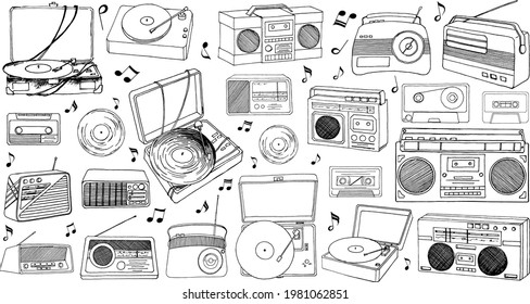 Music player, music notes, vintage vinyl record, retro radio and boombox tape recorder isolated on white background. Old-fashioned audio devices. Hand drawn vector illustration.