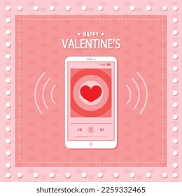 Music player on mobile phone screen.  Happy Valentines day card