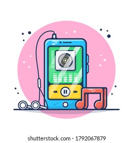 Music Player on Smartphone Vector Illustration. Set Music, Tune, Note, Earphone, Sound, Song, Audio.  Flat Cartoon Style Suitable for Sticker, Wallpaper, Icon, etc.