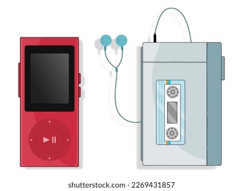 Reproductor de música un análogo con colores azul suave y el otro digital en rojo