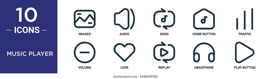 music player outline icon set includes thin line images, audio, song, home button, traffic, volume, love icons for report, presentation, diagram, web design