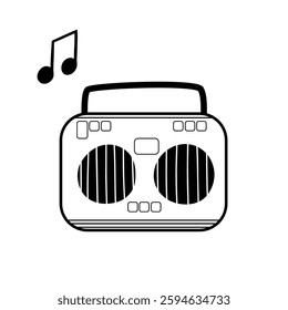 Music player in outline isolated element. Boombox radio in black and white. Old fashioned tape recorder. Vector illustration